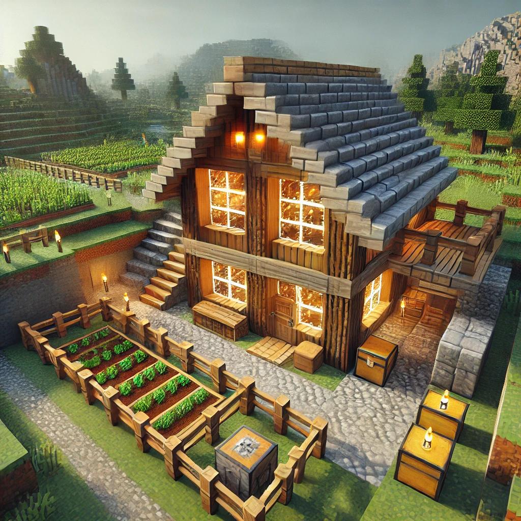 Beginner Minecraft base with wooden walls, a stone roof, and a small fenced farm in a scenic area near a forest and mountain.