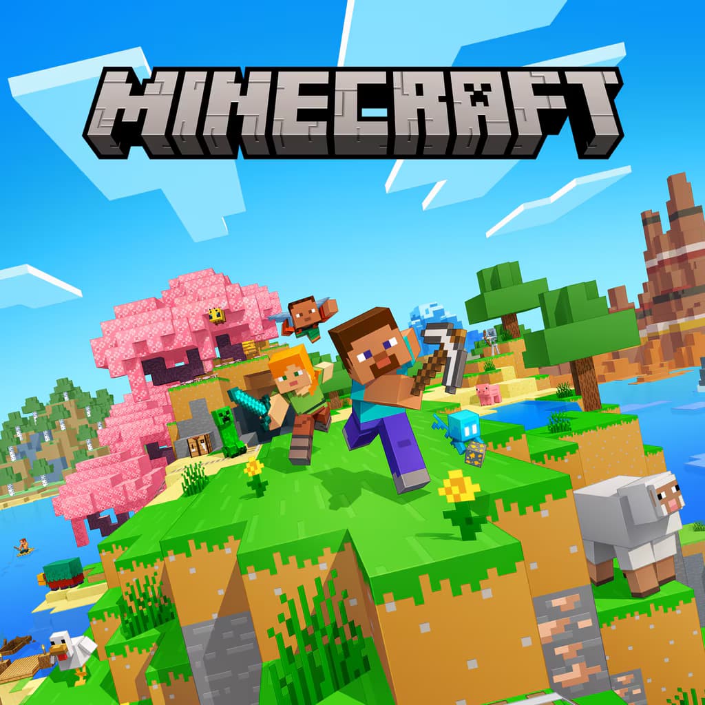 Minecraft characters Steve and Alex on a grassy island with a cherry blossom tree, sheep, and bee, featuring the Minecraft logo