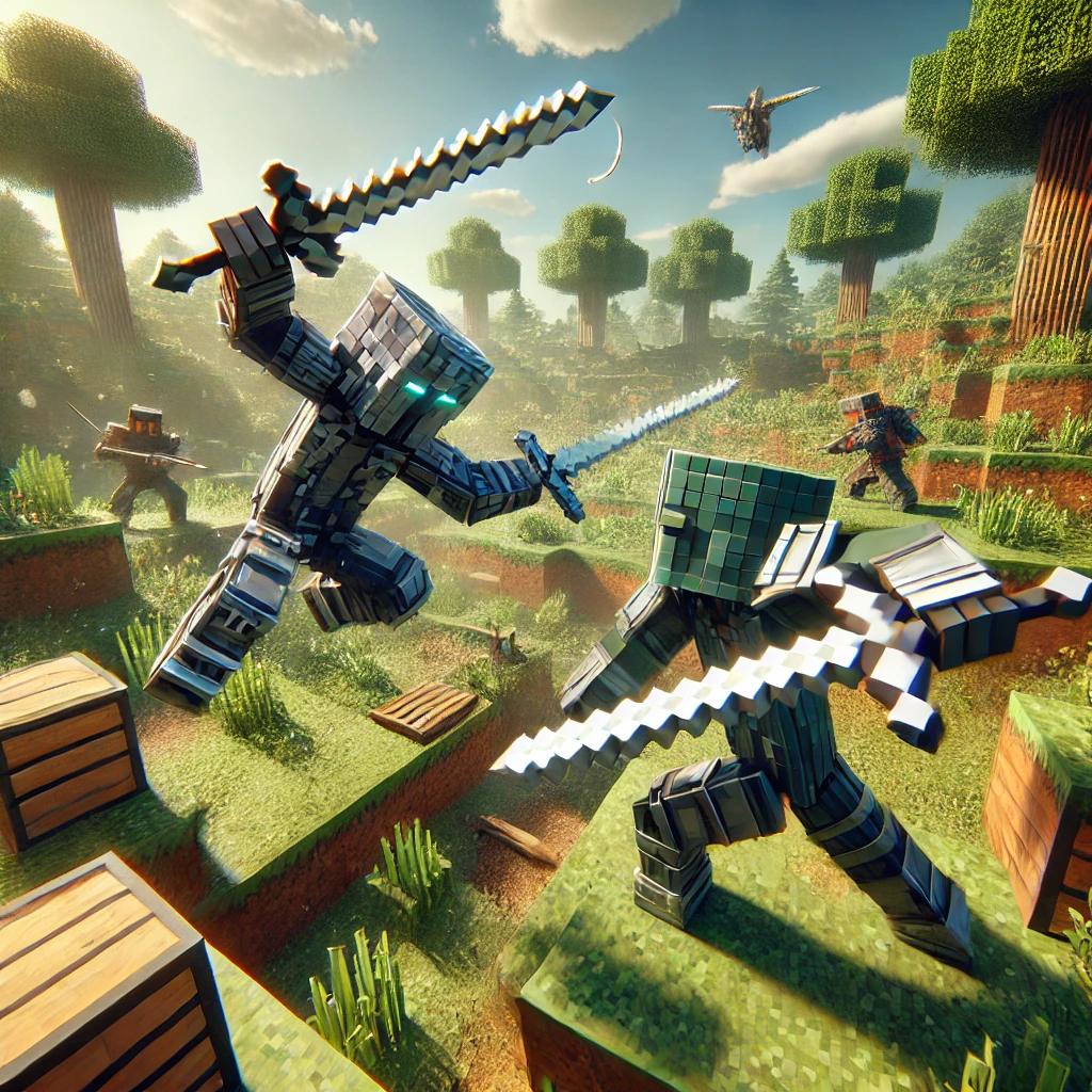 Minecraft PvP battle scene with two players in a forest, one using a fishing rod to pull the other closer while placing blocks for cover, both equipped with armor in intense combat.